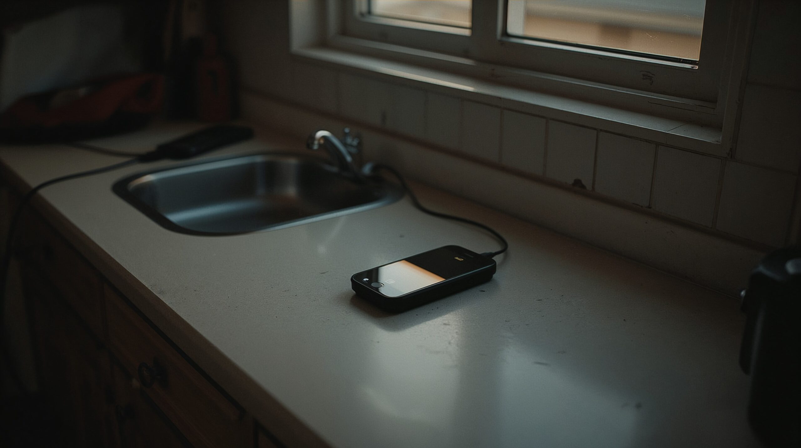 An older mobile phone charging on a modest kitchen counter