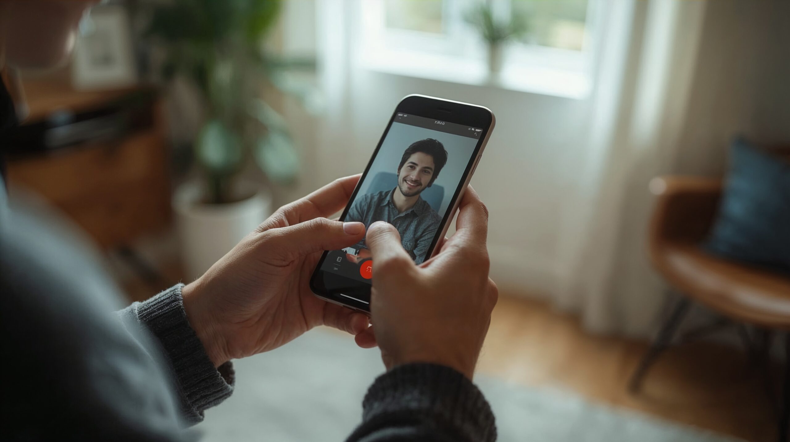 Close-up of hands holding a smartphone during a video call at home